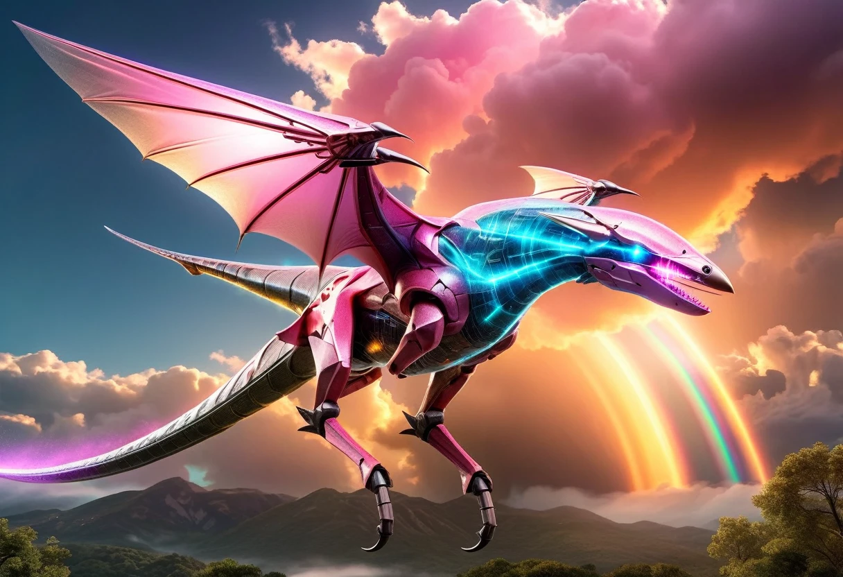 a National Geographic, an award winning picture of a (pink mech Pterosaur: 1.3) flying in the sky near a rainbow, dynamic sky background, (masterpiece: 1.4) intense details, highly detailed, photorealistic, best quality, highres,16k, [ultra detailed], masterpiece, best quality, (extremely detailed), ultra wide shot, photorealistic, RAW, realistic art,((best quality)), ((masterpiece)), (detailed: 1.5) ral-czmcrnbw, Mechanical Creatures