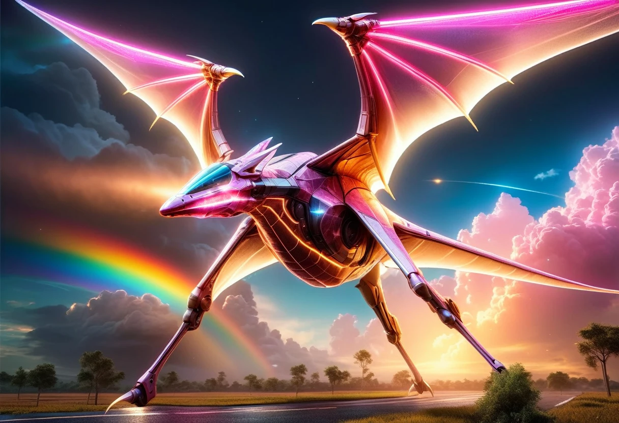 a National Geographic, an award winning picture of a (pink mech Pterosaur: 1.3) flying in the sky near a rainbow, dynamic sky background, (masterpiece: 1.4) intense details, highly detailed, photorealistic, best quality, highres,16k, [ultra detailed], masterpiece, best quality, (extremely detailed), ultra wide shot, photorealistic, RAW, realistic art,((best quality)), ((masterpiece)), (detailed: 1.5) ral-czmcrnbw, Mechanical Creatures