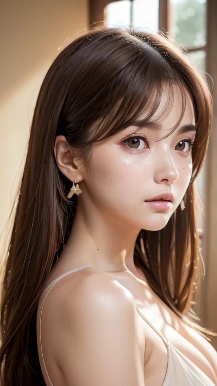 Depth of written boundary, real, Realistic, Very detailed, beautiful, thin, cute, 20th Generation, beautiful features, actress, mature, Upper Body, Light Brown Hair, Thin Hair, Small face, Live Action, Highest quality, Highly detailed CG Unity 8K wallpaper, Ultra-high resolution, Lighting, Medium Hair, (Puffy eyes), model diagram, Add light to your hair, Turning Pose, Ash Brown Hair, Model pose, Studio shot, White Background, Delicate skin types, Light wavy hair that is close to straight hair, Put your hands around your mouth,  Hair model photoshoot, Hair blowing in the wind, Transparent Hair, thin髪の細さ, Soft Hair, Fine skin, Bright photo, Less hair, Pull angle, professional Lighting, Realistic light, Realistic shadow, Natural light, Soft Light, Beige Hair、sheer、Show your forehead、Open your mouth a little、freckles、topless、cleavage 、Earrings、Beautiful clavicle、thinネックレス、strap slip