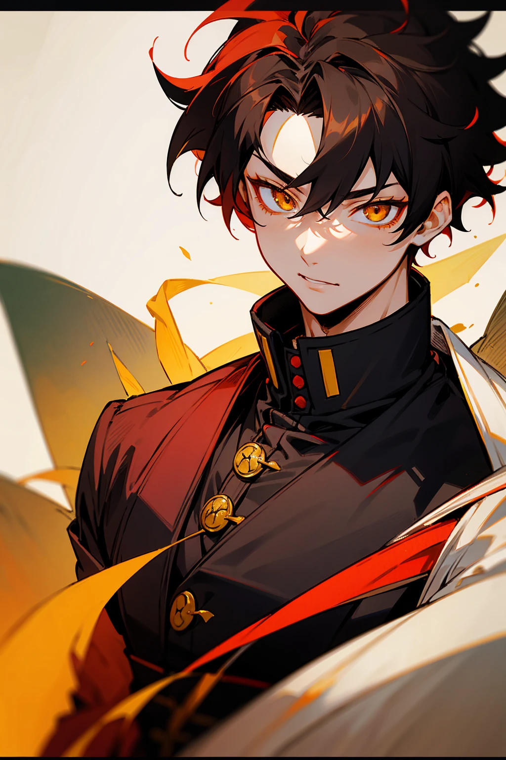 1male , Young Male , Black Button up Turtleneck , Demon Slayer Uniform , White Haori with yellow a accents worn over , Oumbre Hair , Black Hair , Crimson red highlighted hair , Low cut messy hair 