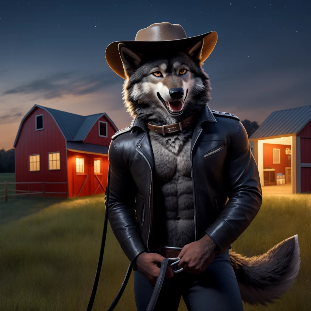Leaning against barn, Male, 30 years old, happy, mouth open with tongue hanging out, black leather jacket, anthro, wolf ears coming through cowboy hat, (black fur:1.5), wolf, farm background , 8k, hi res, (best quality, masterpiece), (wolf tail:1.5), detailed fur, solo, looking at camera, night, leashing and collar, large Cowboy hat,