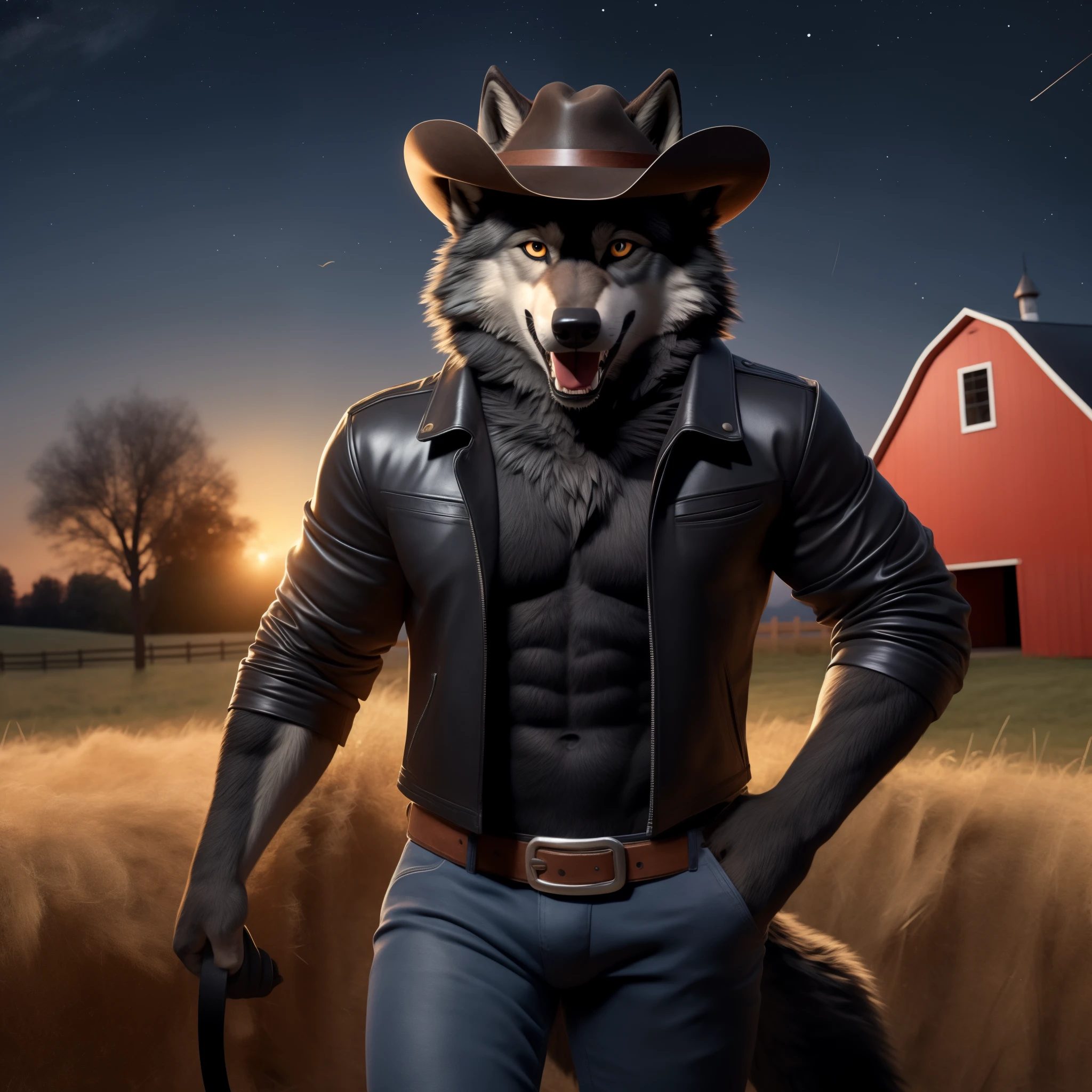 Leaning against barn, Male, 30 years old, happy, mouth open with tongue hanging out, black leather jacket, anthro, wolf ears coming through cowboy hat, (black fur:1.5), wolf, farm background , 8k, hi res, (best quality, masterpiece), (wolf tail:1.5), detailed fur, solo, looking at camera, night, leashing and collar, large Cowboy hat, 