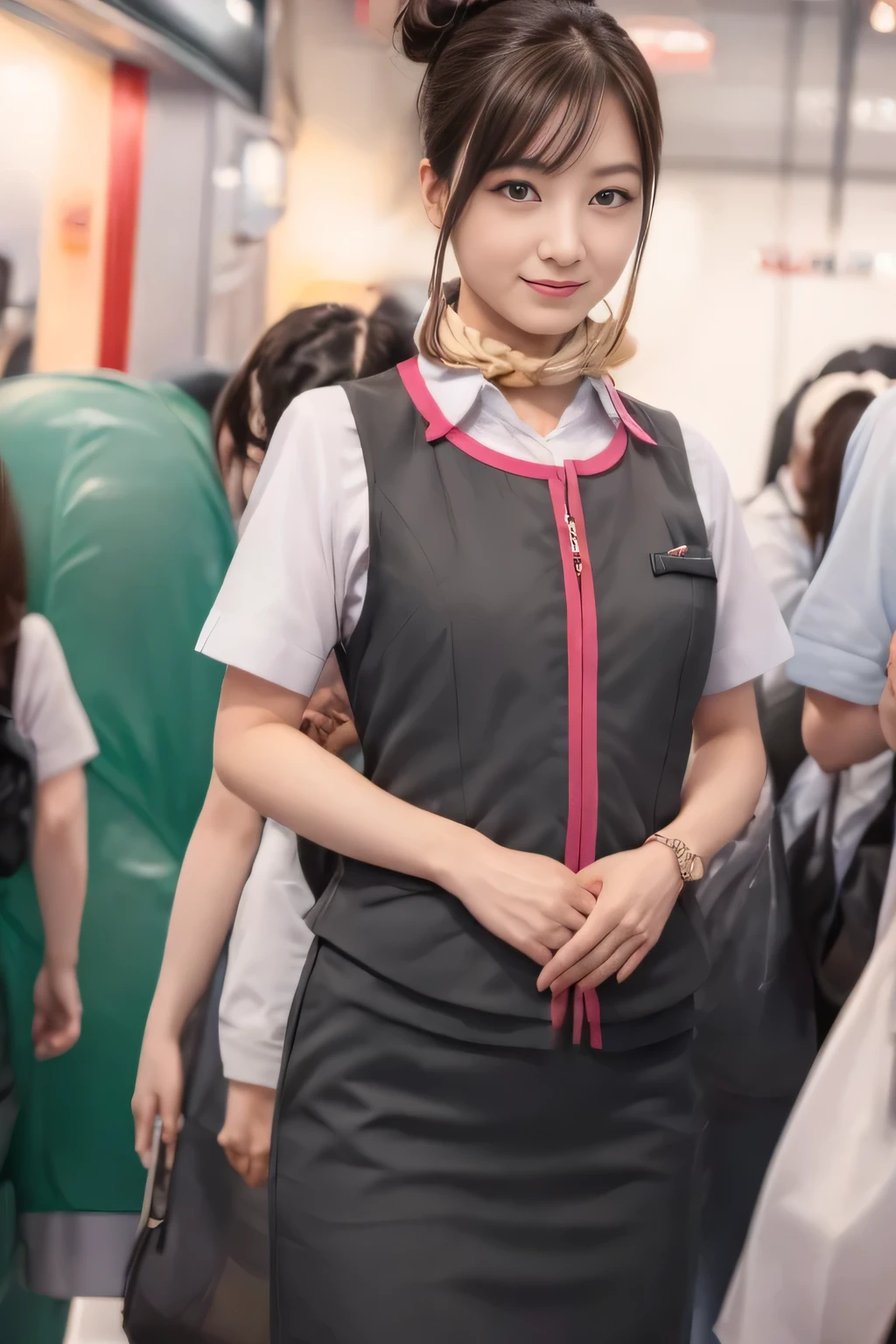 (masterpiece:1.2, Highest quality:1.2), 32k HDR, High resolution, (alone、One girl)、(At the station platform、Professional Lighting)、Empty train station platform background、(Realistic style of JR Gran Class crew uniform)、Short sleeve blouse、a scarf around the neck、(JR Gran Class flight attendant uniform with pink parts on the skirt sleeves)、(The uniform of a flight attendant in JR Gran Class has a pink line on the front zipper of the vest.)、Dark brown hair、(Long hair that goes up to the chest、Let your hair down)、Dark brown hair、Long Shot、Big Breasts、((Great hands:2.0)),((Harmonious body proportions:1.5)),((Normal limbs:2.0)),((Normal finger:2.0)),((Delicate eyes:2.0)),((Normal eyes:2.0)))、Big Breasts、Luxury Necklace、smile、Beautiful standing posture,Place your hands around your stomach