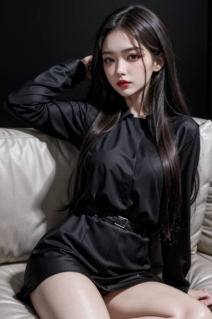a woman with long hair and a black blouse on a sofa with a white wall behind her and a red lipstick,