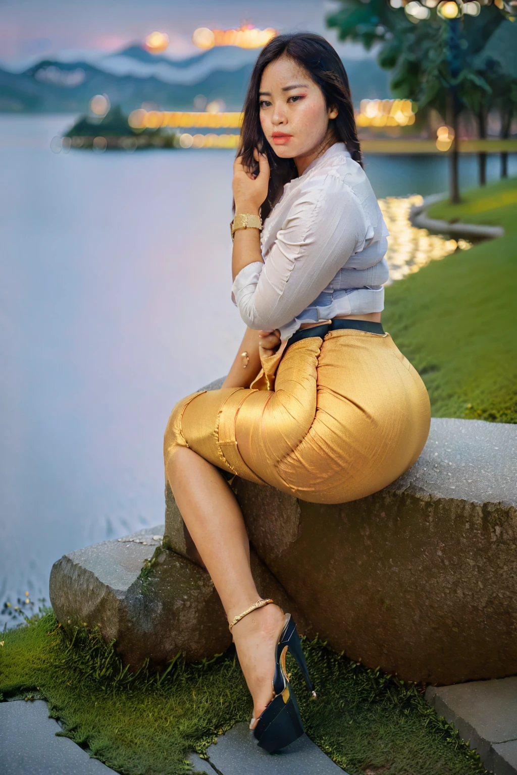 arafed asian woman, (((full body view:2))), (((side view:1.5))), ((((pretty lady MoonLay)))), (((looking forward:2))), ((stylish seductive sitting on the bench for photography:1.5)), ((((she face towards the lake:2)))), (((very pouting buttock:1.7))), (((bent from waist and lower upper body:1.6))), ((((white stone minimalistic sleek bench)))), ((wearing Myanmar traditional elegant and stylish affair:1.2)), ((super curvy and wide buttock)), ((white shirt:1.6)), ((red satin skirt:1.6)), ((blue sandal high heel:1.3)), south east asian with square face, traditional beauty, beautiful asian girl, anime thai girl, a young beautiful asian woman, (((photorealistic background))), ((in a beautiful park with vast shimmering lake background:1.5)), ((cinematic star shaped bokeh background blur:1.7)), (((photorealistic cloudy evening sky with golden sunlight:1.5))), ((lake surface reflect evening golden sunlight:1.2)), (cinematic enhance HDR portrait glow lighting))), perfect anatomy, cannon mark v, DSLR quality, (perfect anatomy), (perfect toes), (perfect hands), (realistic sitting pose), ((((no objects in front of her))))