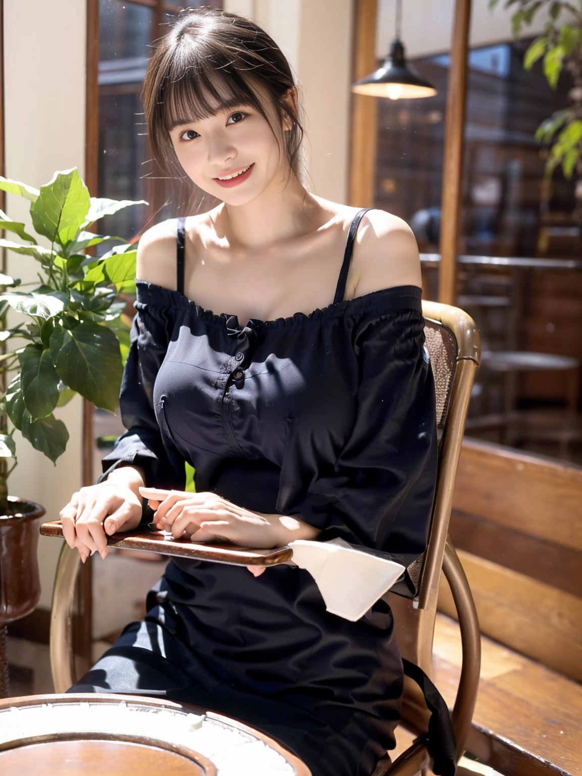 (masterpiece, realistic, photo-realistic:1.2), finely detail, ultra high res, perfect , best quality, 8K, soft focus, (happy smile:1.2), (1girl, 16yo Japanese short girl, , detailed off shoulder blouse:1.2), upper body shot, focus on , (black straight hair, short hair, blunt bangs:1.2), beautiful detailed face and big eyes, (glowing fair skin:1.2), (pointed , :1.2), (bloom, awesome detailed cafe, cafe interior with soft light shining in, antique tables and chairs, houseplants, stairs, hanging lights, cafe supplies, reflect:1.2), sitting on chair,