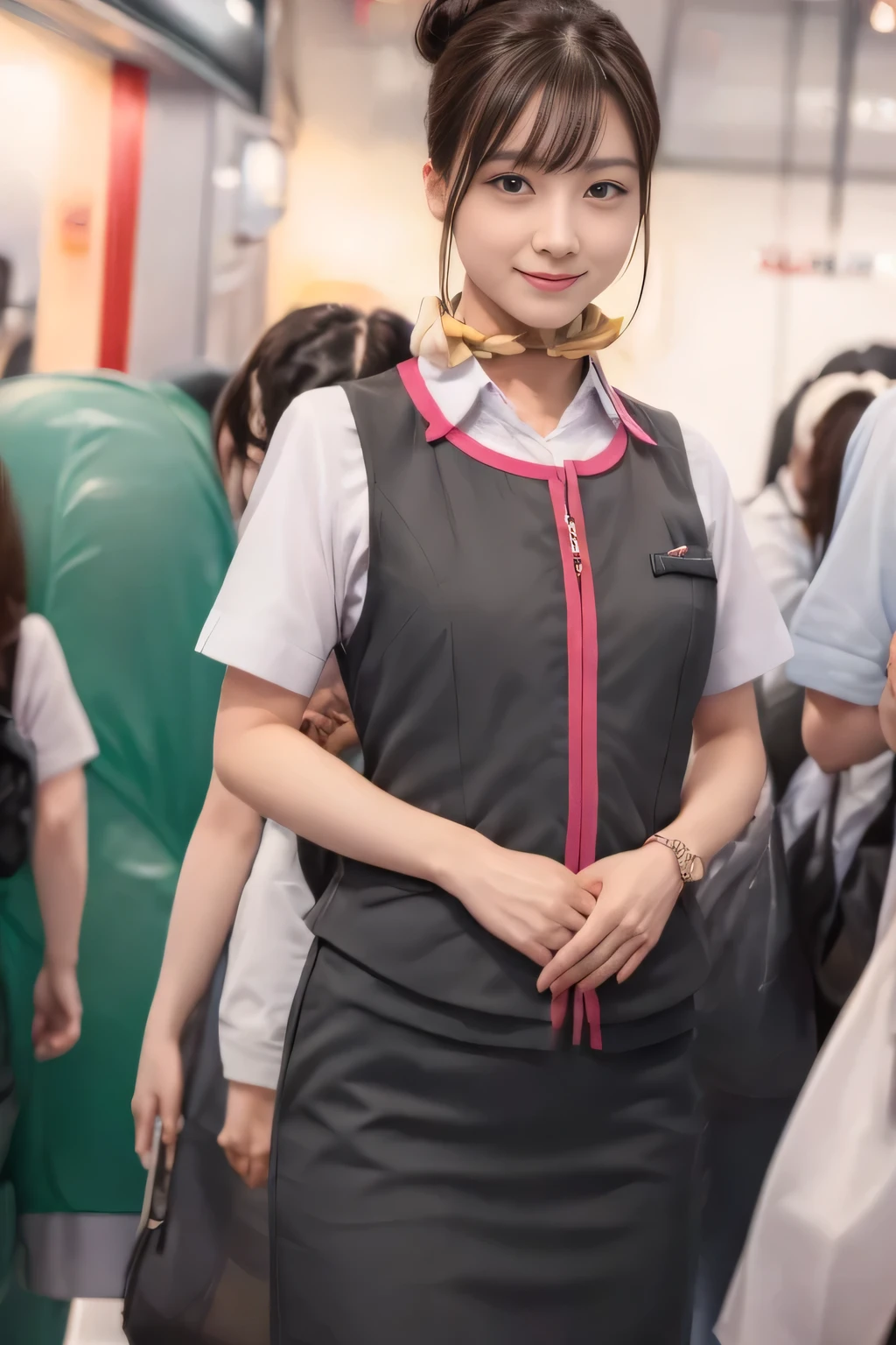 (masterpiece:1.2, Highest quality:1.2), 32k HDR, High resolution, (alone、One girl)、(At the station platform、Professional Lighting)、Empty train station platform background、(Realistic style of JR Gran Class crew uniform)、Short sleeve blouse、a scarf around the neck、(JR Gran Class flight attendant uniform with pink parts on the skirt sleeves)、(The uniform of a flight attendant in JR Gran Class has a pink line on the front zipper of the vest.)、Dark brown hair、(Long hair that goes up to the chest、Let your hair down)、Dark brown hair、Long Shot、Big Breasts、((Great hands:2.0)),((Harmonious body proportions:1.5)),((Normal limbs:2.0)),((Normal finger:2.0)),((Delicate eyes:2.0)),((Normal eyes:2.0)))、Big Breasts、Luxury Necklace、smile、Beautiful standing posture,Place your hands around your stomach
