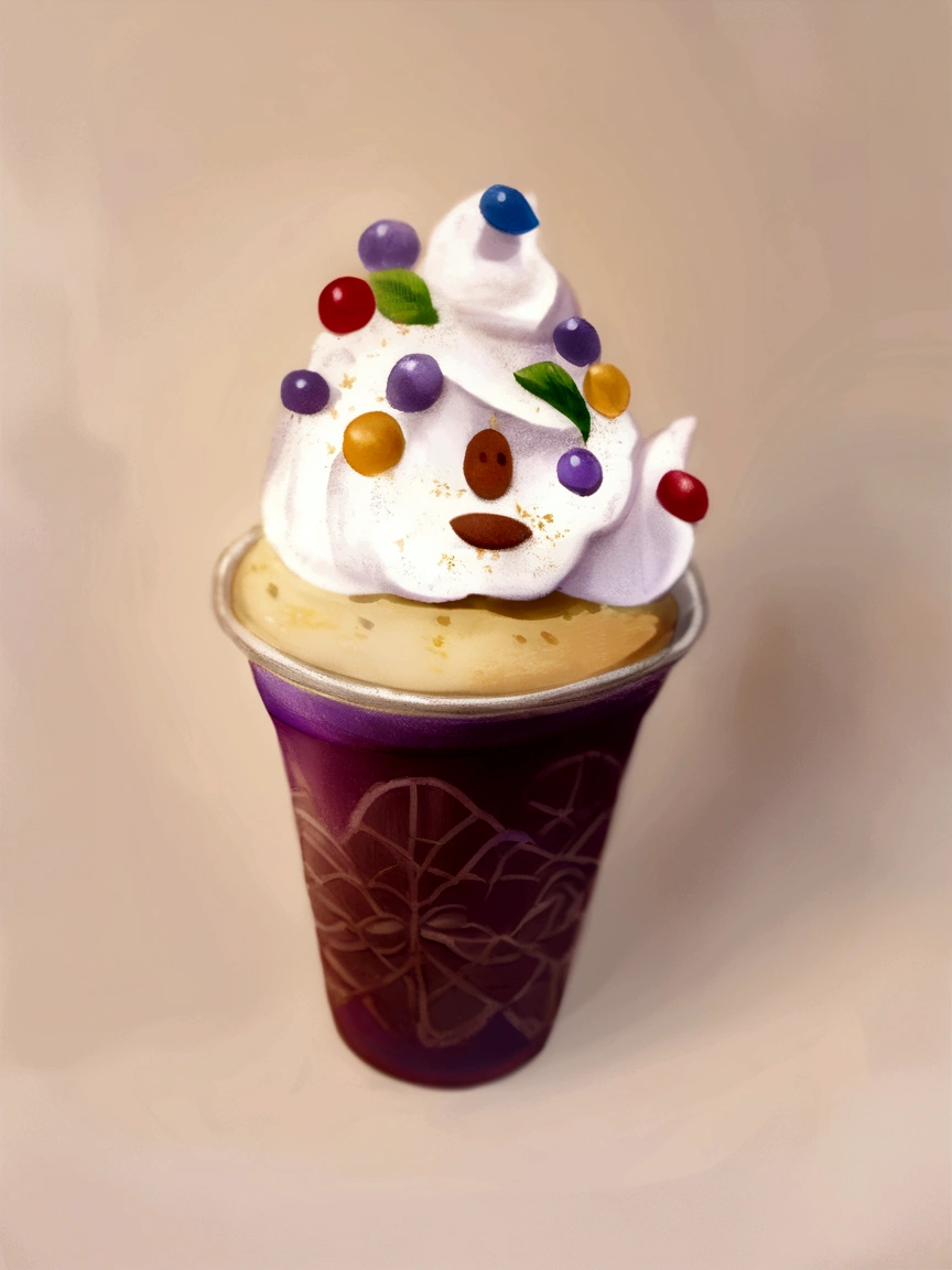 
Happy animated cup, smiling, with purple hair
