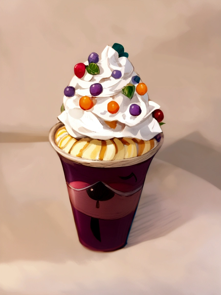 Happy animated cup, smiling, with purple hair