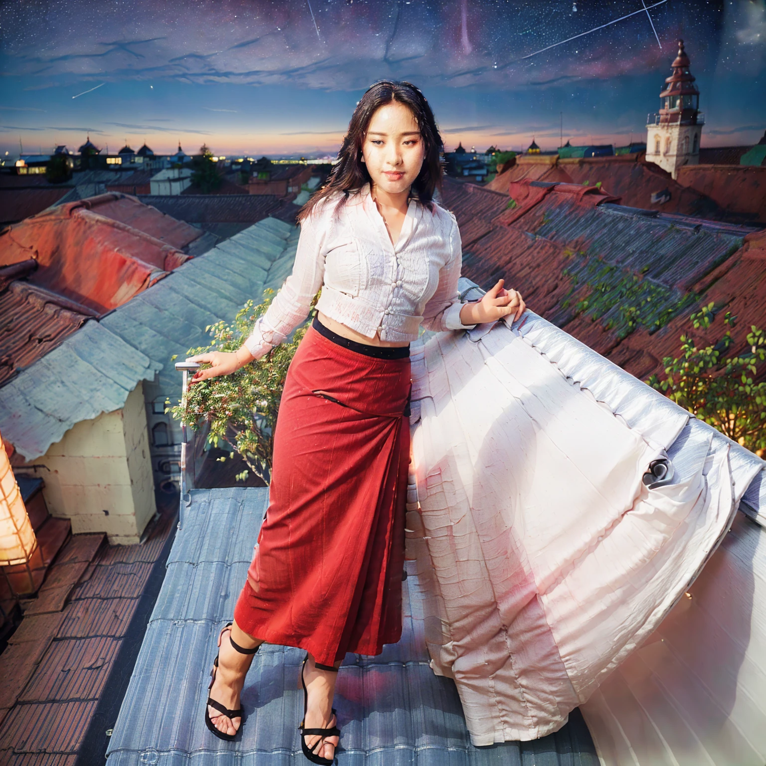 Burmese beautiful woman, 1 girl, solo, (pretty lady MoonLay), (pretty lady MoonLay's seductive face), cute smile, red lips, (standing and lean against the balcony handrail pose:1.5), (looking to the sky:1.5), (night with starry sky:1.5), smooth face skin, traditional beauty, cinematic portrait glow lighting, traditional dress, ((in a white shirt and red skirt:1.5), high heel, (full body view:2), (two story building rooftop balcony with vibrant colorful small townscape background:1.5), (cinematic bokeh deep blur background:1.5), (cinematic enhance HDR portrait glow lighting))), perfect anatomy, cannon mark v, DSLR quality, cinematic lighting, perfect anatomy, perfect face, perfect dress, perfect shin and calf, perfect hands, perfect toes