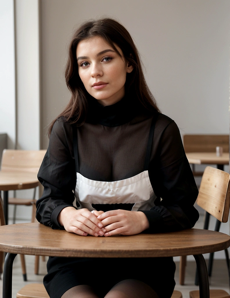 la mode des années 2010, moyen, gros plan, Canon EF 85 mm f./1.2l ii usm, Une femme était assise dans un café. Il y avait du café sur la table. Ses mains étaient sous la table, portant une veste noire et des lèvres rouges, accent mis sur l'expression du visage, mode de rue, elle a une belle poitrine et elle porte un decolter