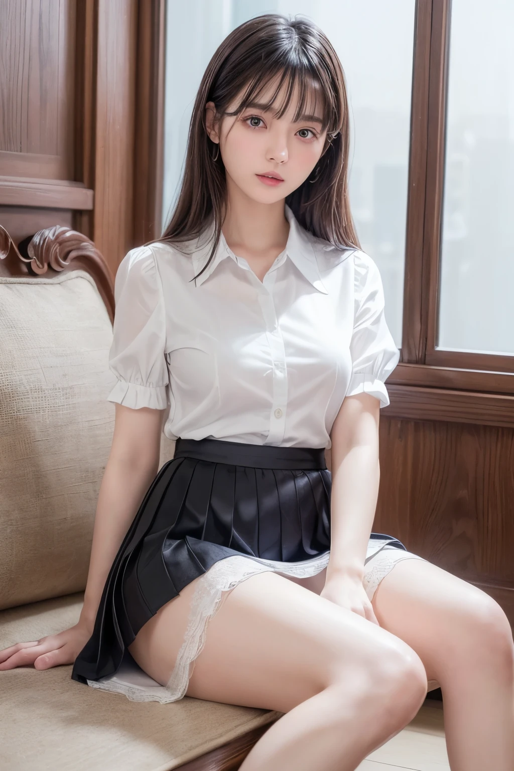 ((Best image quality、8K、masterpiece：1.3))、Realistic high-quality photos、Highest quality、Beautiful and graceful face and eyes、Uniform eyes、Black Hair、Shiny Hair、 OL、Wearing a short-sleeved blouse、Wear a long skirt、Full Body Shot.　Sitting、(((White panties can be seen between her skirt and legs)))、