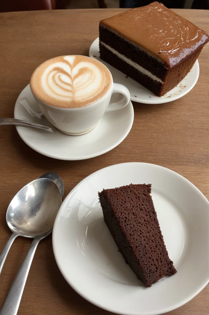 One and only one capuccino with a little spoon, a yummy looking piece of cake on another plate, snack for one person. Taken with iPhone