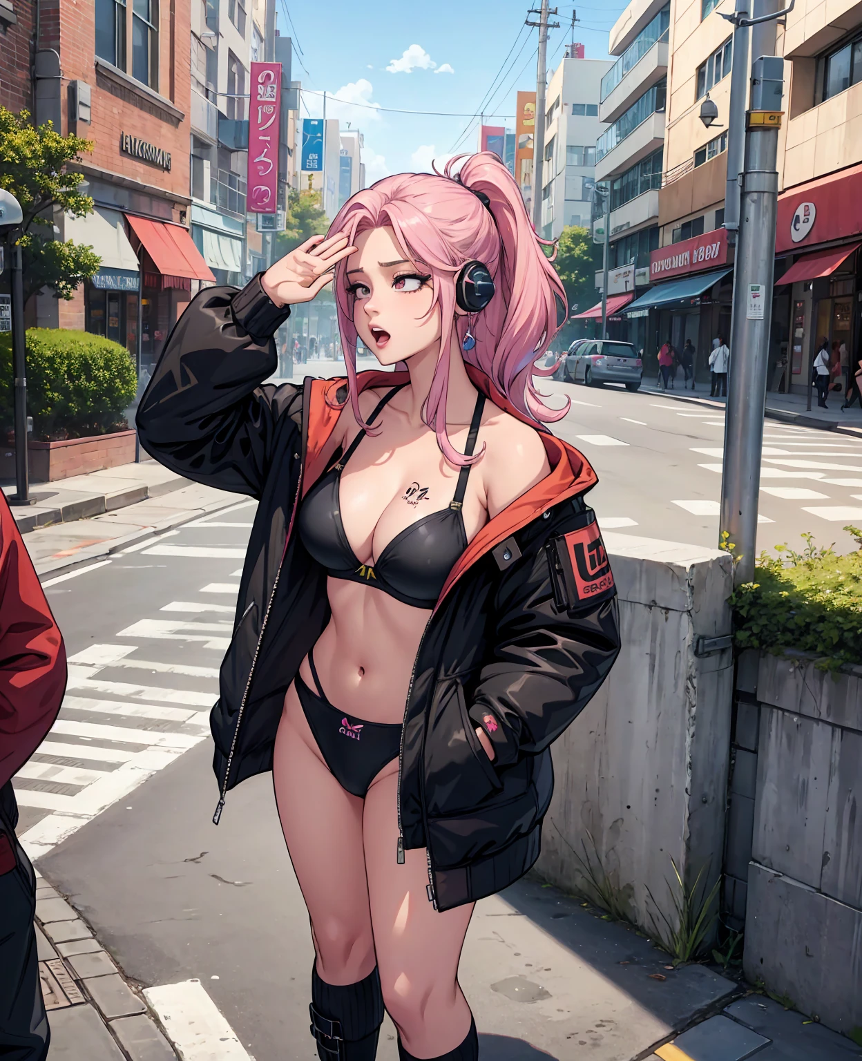 work of art, woman 4, dynamic, kpopIDOL, promo photo, raise your hand, scream out, Kiss, face close, city center, toil, impressive eyes, Thin skin texture, confident haha, Aerial view, strabismus, strabismus, strabismus, high resolution, Pro photo, corner of the street, crotch, Pink, transparent bra, bikini, searchlight, cantor de rock, Rainbow hair,, へそ, slickedback hair, hands in pockets, earbuds, long hair, tatoo