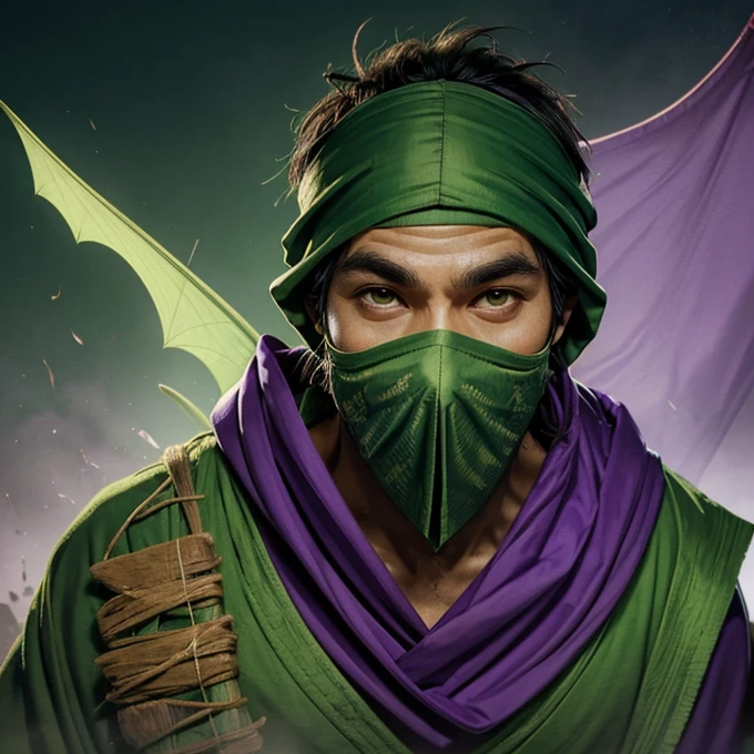 A green monster, tall, green skin, long nose, bat wing, purple long robe, head wear, robe covers the mouth, covered mouth, Japanese goblin mask, neck gather, bandana, bandana covers the mouth, 