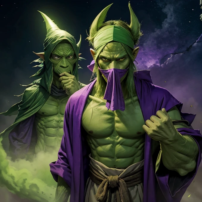 A green monster, tall, green skin, long nose, bat wing, purple long robe, head wear, robe covers the mouth, covered mouth, Japanese goblin mask, neck gather, bandana, bandana covers the mouth,