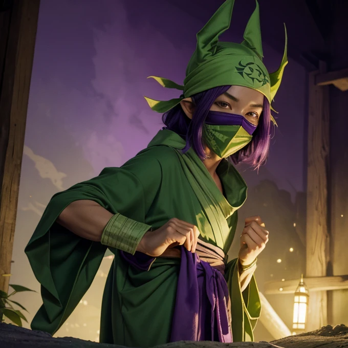 A green monster, tall, green skin, long nose, bat wing, purple long robe, head wear, robe covers the mouth, covered mouth, Japanese goblin mask, neck gather, bandana, bandana covers the mouth, 