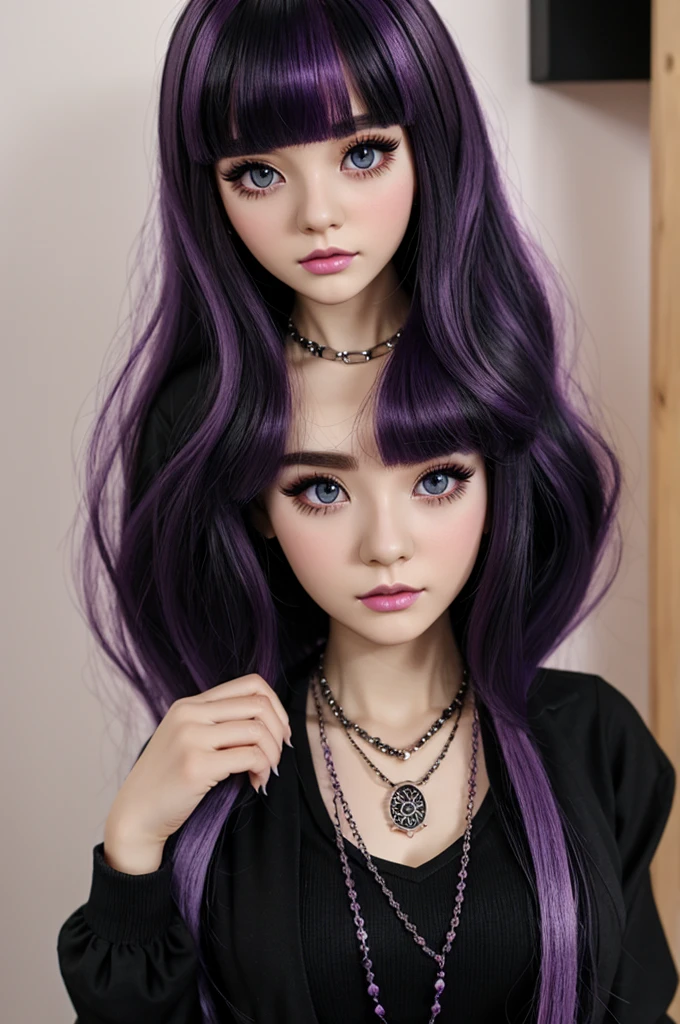 Blythedoll, Violet hair with bangs, black eyes, black clothes, necklace and douyin makeup