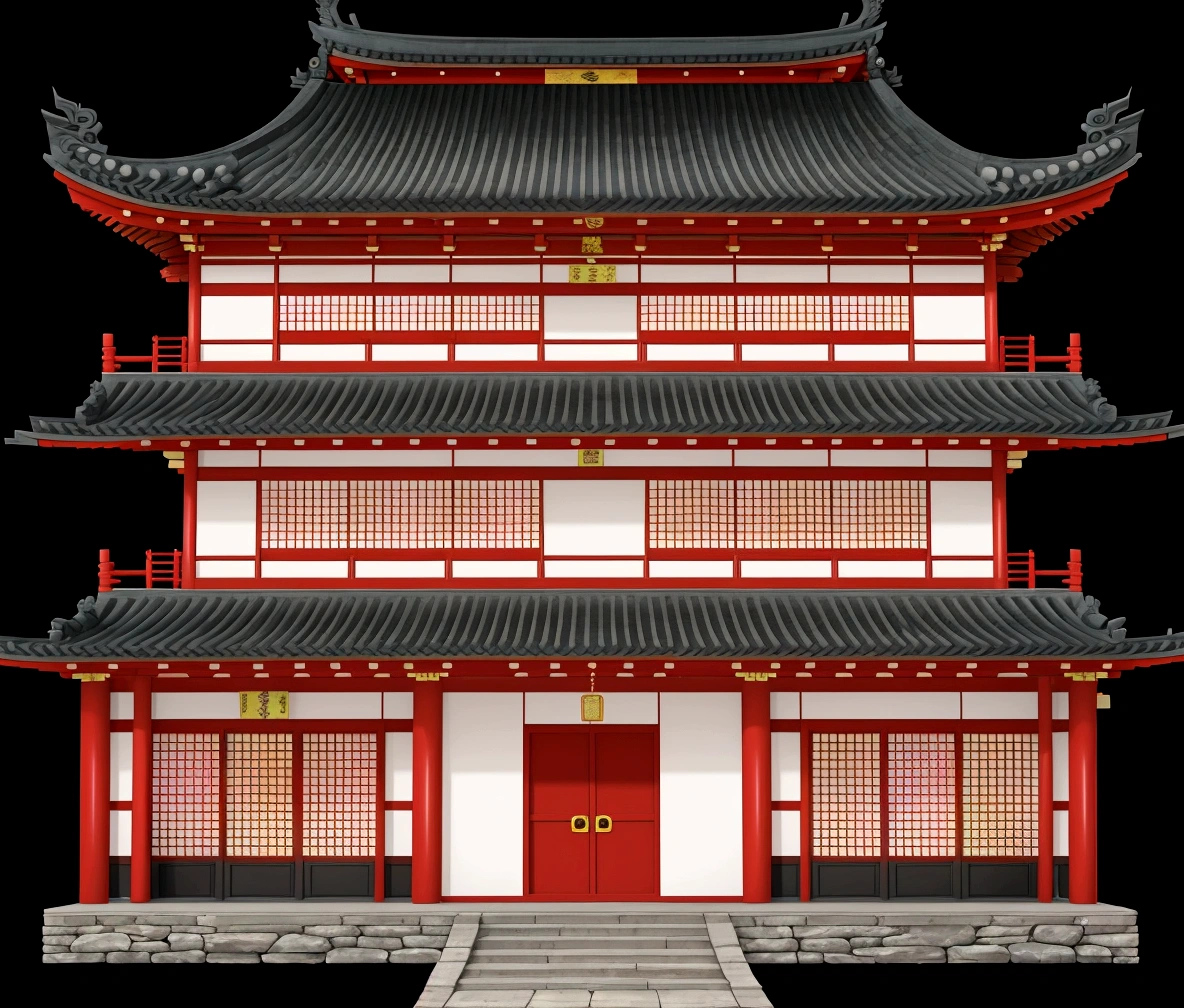 a cartoon illustration of a chinese building with a red door, an extremely detailed building, chinese building, japanese temple, japanese house, european japanese buildings, digital painting of a pagoda, zen temple background, ancient japanese architecture, temple background, japanese architecture, background depicting a temple, inspired by Tōshi Yoshida, inspired by Shūbun Tenshō, japanese temples