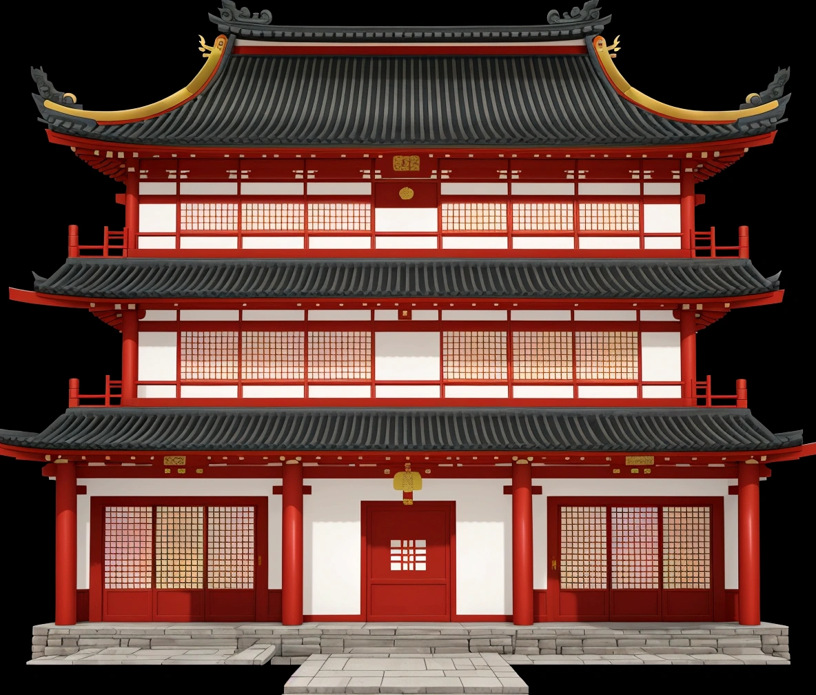 a cartoon illustration of a chinese building with a red door, an extremely detailed building, chinese building, japanese temple, japanese house, european japanese buildings, digital painting of a pagoda, zen temple background, ancient japanese architecture, temple background, japanese architecture, background depicting a temple, inspired by Tōshi Yoshida, inspired by Shūbun Tenshō, japanese temples