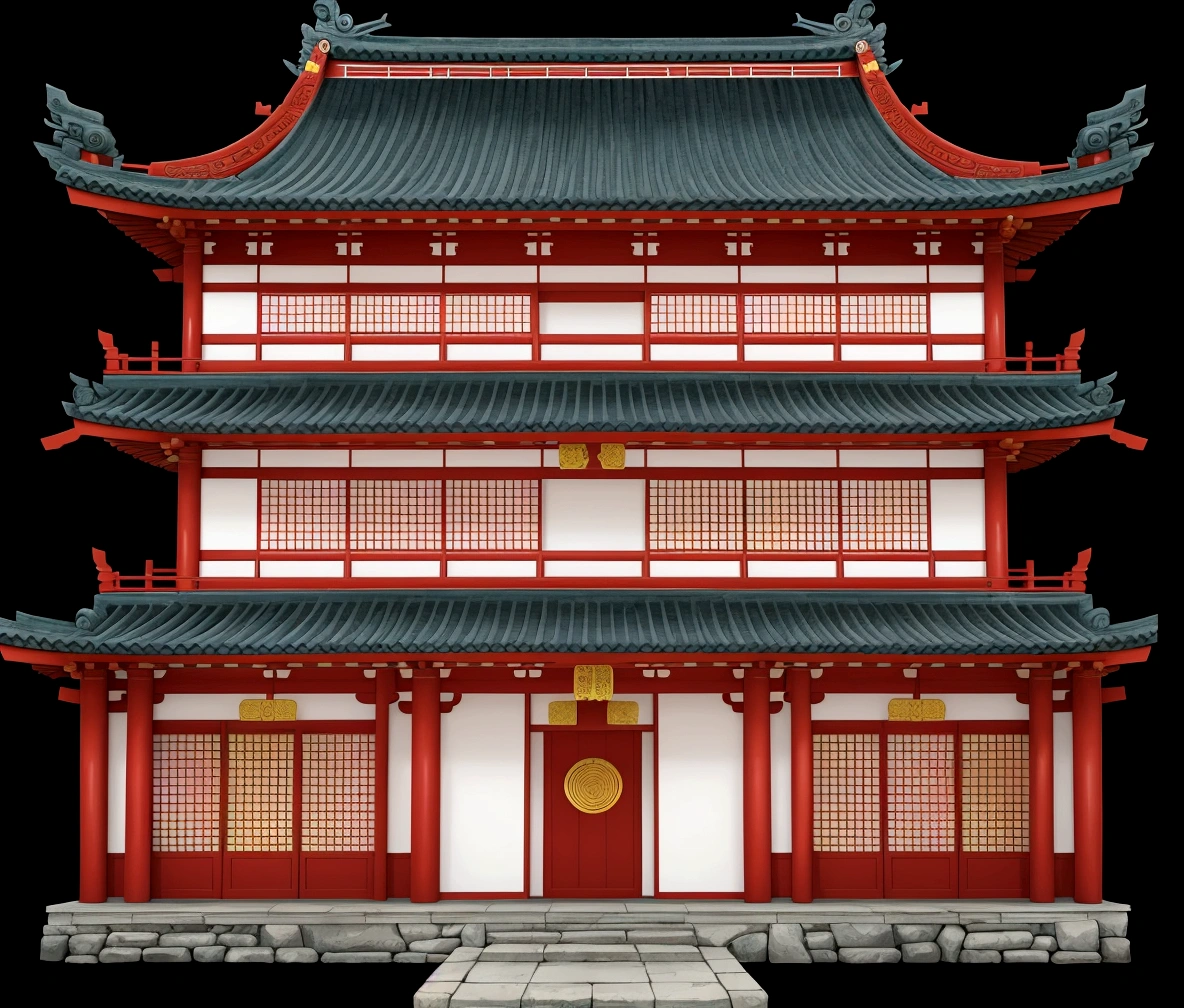a cartoon illustration of a chinese building with a red door, an extremely detailed building, chinese building, japanese temple, japanese house, european japanese buildings, digital painting of a pagoda, zen temple background, ancient japanese architecture, temple background, japanese architecture, background depicting a temple, inspired by Tōshi Yoshida, inspired by Shūbun Tenshō, japanese temples