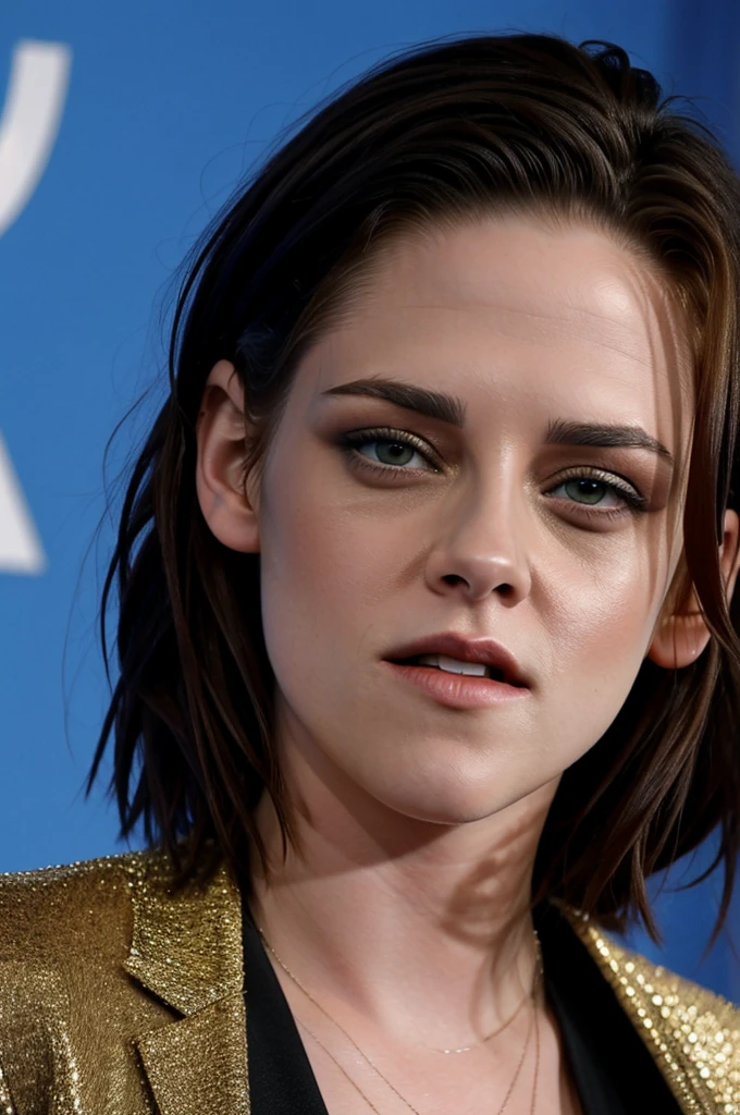 Kristen Stewart with her tongue out and her face and hair covered in cum