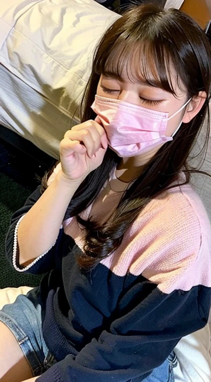 Girl with a vibrator, junior high school student with too big, 15 years old, sleeping on bed, plump, closing eyes, falling down, yawning, excitement, mask,