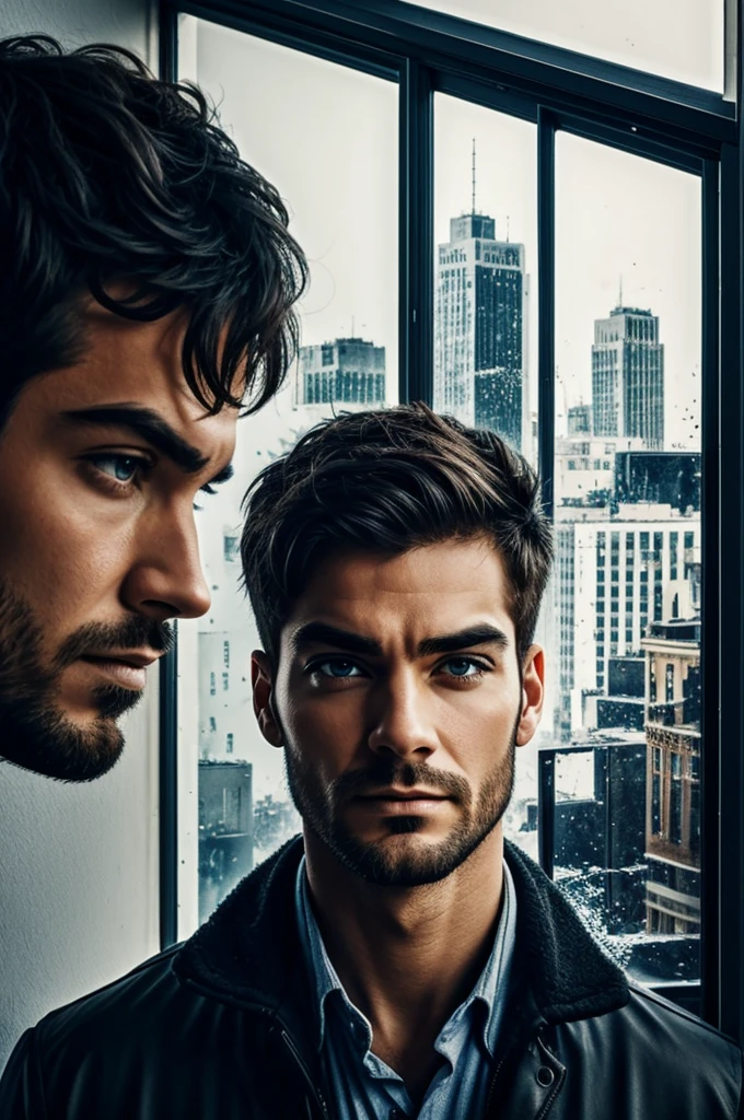 Draw a man looking out the window and have a city destroying itself reflected in his eyes.