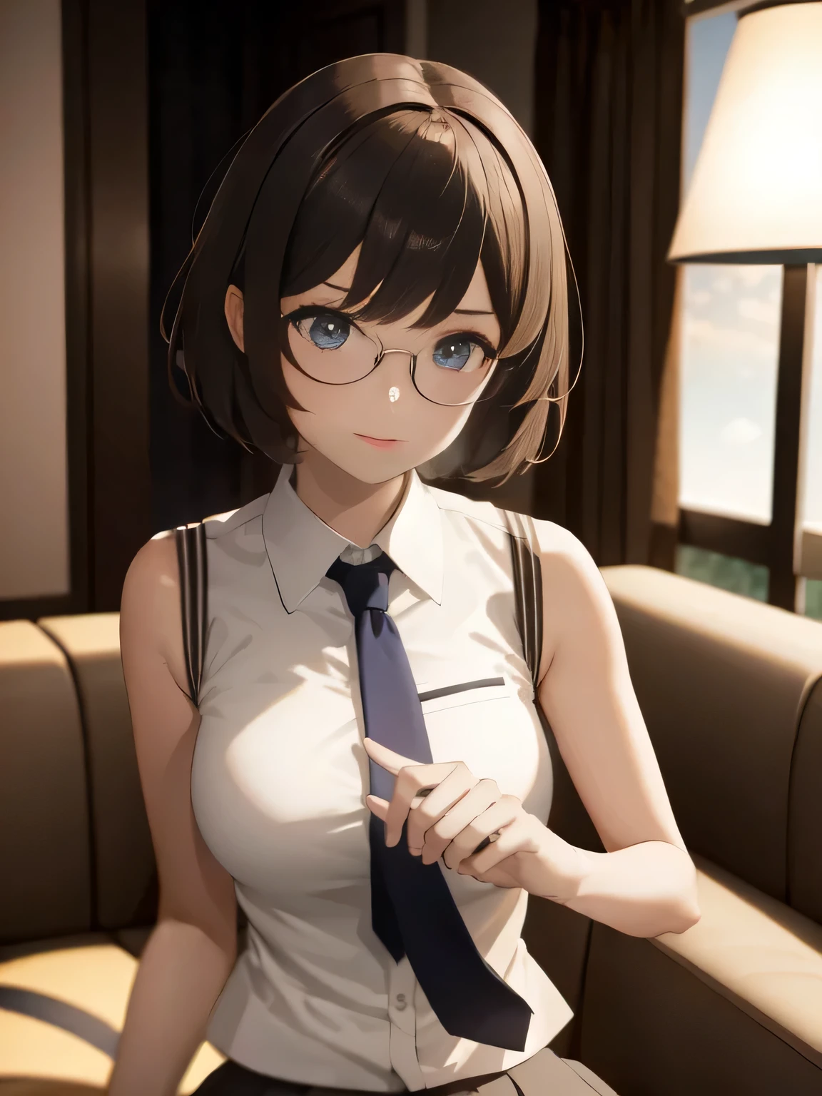 (1girl:1.3), Masterpiece, Best quality, amazing beauty, 4K, absurdres, finely detail, super detailed eye, perfect anatomy, official art, cinematic lighting, BREAK, School, silky short hair, Looking at Viewer(camera), eyewear, Looks like fun, BREAK , sitting chair, upper body, BREAK , (school uniform:1.2), BREAK,()