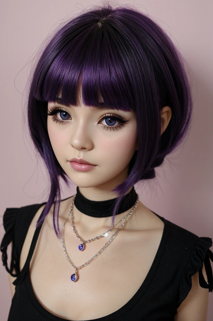 Blythedoll, Violet hair with bangs, black eyes, black clothes, necklace and douyin makeup