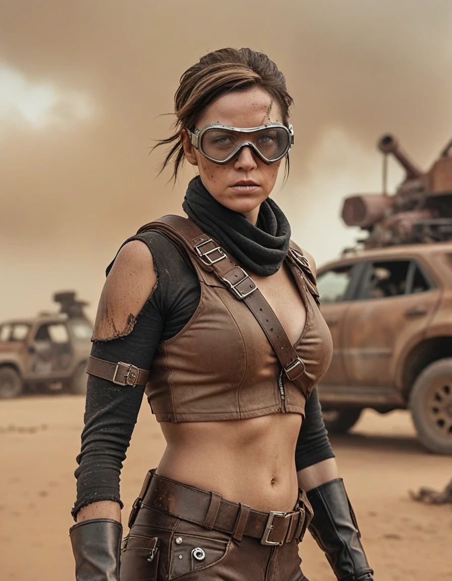 a post-apocalyptic desert landscape, a woman with a bionic arm, fierce expression, leather outfit, goggles, scavenging for resources, rusted vehicles, dust storm, dramatic lighting, gritty, cinematic composition, muted color palette, (best quality,4k,8k,highres,masterpiece:1.2),ultra-detailed,(realistic,photorealistic,photo-realistic:1.37),cinematic,dystopian,post-apocalyptic