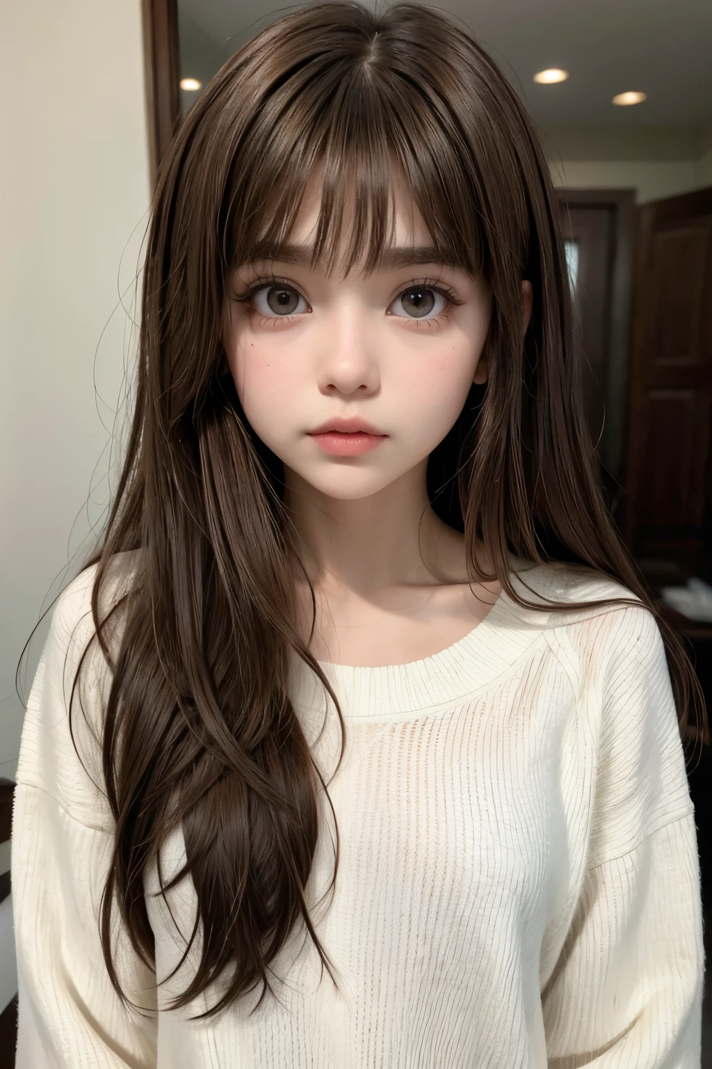 blythe doll layered brown hair with bangs and dark brown eyes and white skin