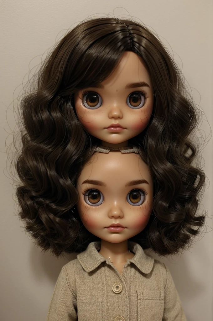 A Blythe doll with not so dark tan skin, dark hair, dark but large brown eyes with a little dark circles, with wavy hair and a buzz cut