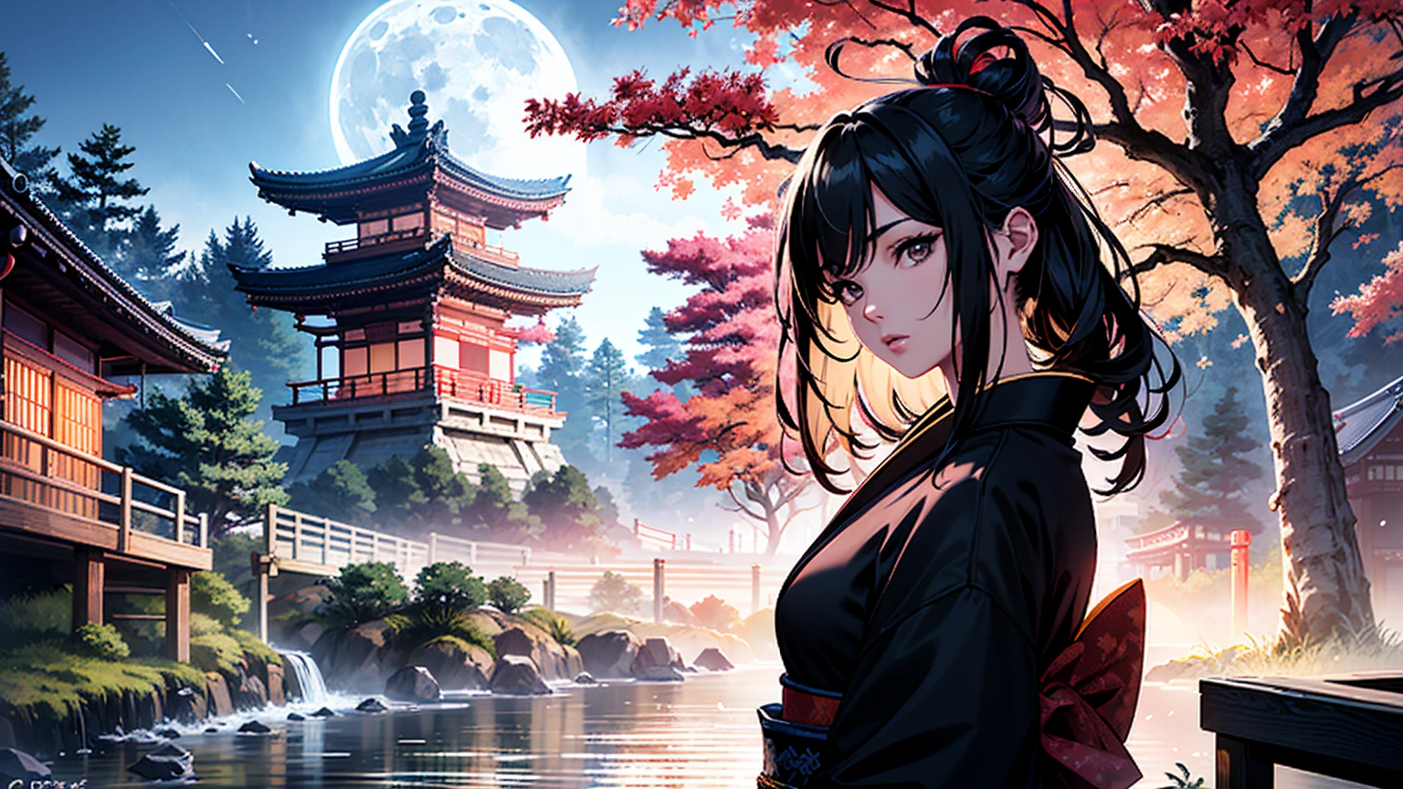 (Official Art、Highest quality、Unity 8k wallpaper、32k、masterpiece、Ultra-detailed、Ultra-high resolution、Realistic、Photorealistic:1.2)、(Cinema Lighting:1.2)、Fire Glow Effect、Film Grain、Best Shadow、Rim Light、Side light、(Highly detailed and intricate 3D rendering)、細部までBeautiful Faceと目、Slender、Medium Bust、(whole body:1.2)、(Side Shot、avert your eyes:1.2)、(Mysterious、moonlight)、Highly detailed background、Beautiful Face、Beautiful girl、(Highly detailed skin、Detailed skin texture:1.3)、Japanese garden、Cowboy Shot、Tree with red leaves on the background of the tower々, Japan at Night, Japan Tourism, Japan Deeper Journey Exploration, Japanese Temples, Pagoda, at night!!, Set it to night, at night!, Beasts, Vivid!!, Japan at Nightの街, panoramic, , by Torii Kiyomasu II, , Kyoto Japan Setting Fireworks Fireworks display