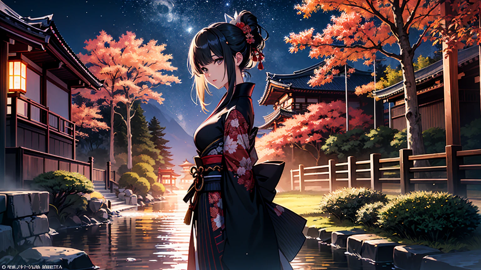 (Official Art、Highest quality、Unity 8k wallpaper、32k、masterpiece、Ultra-detailed、Ultra-high resolution、Realistic、Photorealistic:1.2)、(Cinema Lighting:1.2)、Fire Glow Effect、Film Grain、Best Shadow、Rim Light、Side light、(Highly detailed and intricate 3D rendering)、細部までBeautiful Faceと目、Slender、Medium Bust、(whole body:1.2)、(Side Shot、avert your eyes:1.2)、(Mysterious、moonlight)、Highly detailed background、Beautiful Face、Beautiful girl、(Highly detailed skin、Detailed skin texture:1.3)、Japanese garden、Cowboy Shot、Tree with red leaves on the background of the tower々, Japan at Night, Japan Tourism, Japan Deeper Journey Exploration, Japanese Temples, Pagoda, at night!!, Set it to night, at night!, Beasts, Vivid!!, Japan at Nightの街, panoramic, , by Torii Kiyomasu II, , Kyoto Japan Setting Fireworks Fireworks display