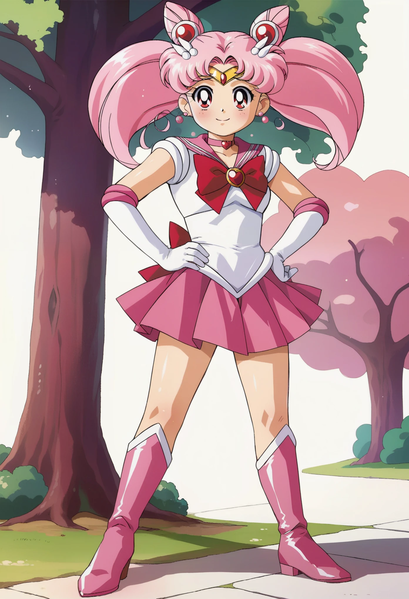 sailor chibi moon,sailor senshi uniform,chibi usa,pink hair,boots,pink footwear,pink sailor collar,magical girl,cone hair bun,skirt,jewelry,underwear,hair bun,heart brooch,knee boots,gloves,sailor collar,red eyes,bow,elbow gloves,brooch,twintails,choker,white gloves,earrings,double bun,tiara,pink choker,hair ornament,blush,long hair,smile, in park, standing, hand on hips,