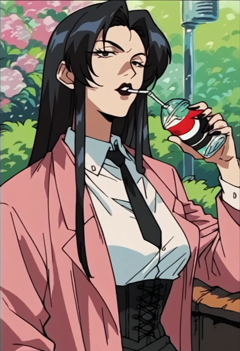 beautyful mature japanese woman, slim body, slender body, pink corporate suit, black tie, big long fringe black hair, black lipstick, black corset, milf, black chocker, black nacklaces, drinking coke
