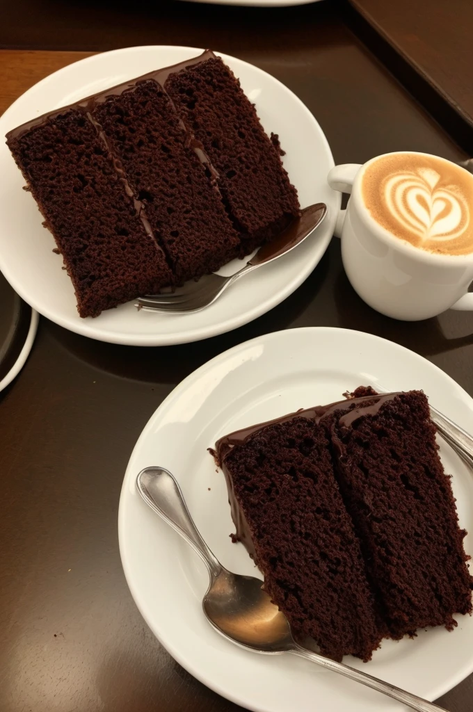 One and only one capuccino with a little spoon, a yummy looking piece of chocolate cake on another plate, snack for one person. Taken with iPhone