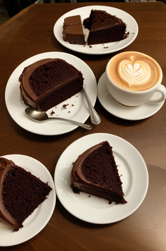 One and only one capuccino with a little spoon, a yummy looking piece of chocolate cake on another plate, snack for one person. Taken with iPhone