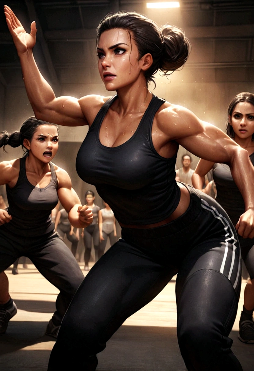 A photorealistic depiction of an intense and dynamic self-defense class. Capture the exact moment of a decisive sparring match between a Latina woman and a male opponent. The woman, characterized by her determined expression and mid-20s age, is in the midst of delivering a powerful, precise strike, showcasing her superior technique and strength. She should have distinct Latina features, including a strong, athletic build, dark hair pulled back, and confident eyes. The male opponent, slightly taller and muscular, is visibly taken aback, highlighting her victory in this exchange. The background should subtly depict a diverse group of participants of various ages, genders, and ethnicities, all watching intently, emphasizing the inclusive and supportive environment of the class. The overall tone should convey themes of empowerment, resilience, and triumph. Utilize dynamic lighting to accentuate the movement and energy of the scene, with sweat and motion blur adding to the realism. Textures should be highly detailed, from the fabric of their workout gear to the expressions on their faces, creating a truly immersive and photorealistic experience.