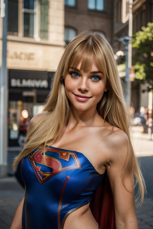 1 girl ((Dressed as Supergirl)), beautiful Realistic supermodel (blue eyes), (She is smiling: 1.1), perfect face, split lips, (Best quality, 8k, Masterpiece: 1.3), perfect hands, clear focus : 1.2, perfect body beauty: 1.4, slim abdomen: 1.2, highly detailed face and skin texture, detailed eyes, (long blonde hair with bangs: 1.3) standing, dynamic pose, (in a city)
