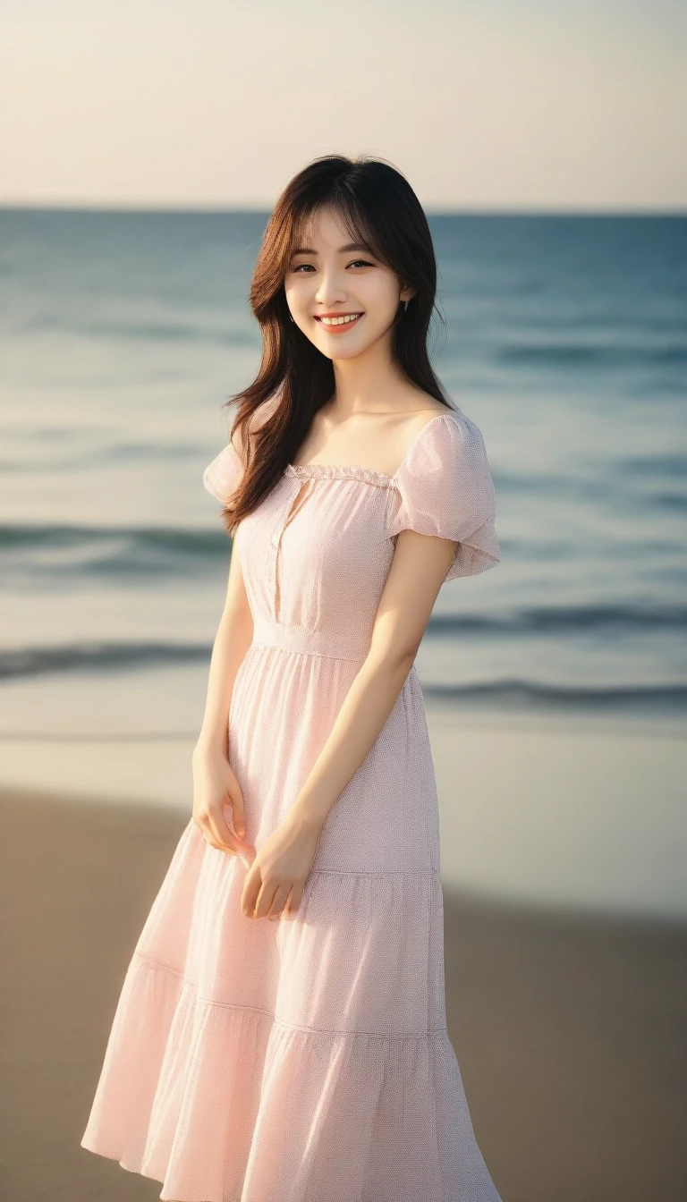 "Design a gravure photo of Maika Yamamoto. She is posing by the beach, wearing a stylish summer dress. The sun is setting in the background, casting a warm glow over the scene. She has a playful and cheerful expression."