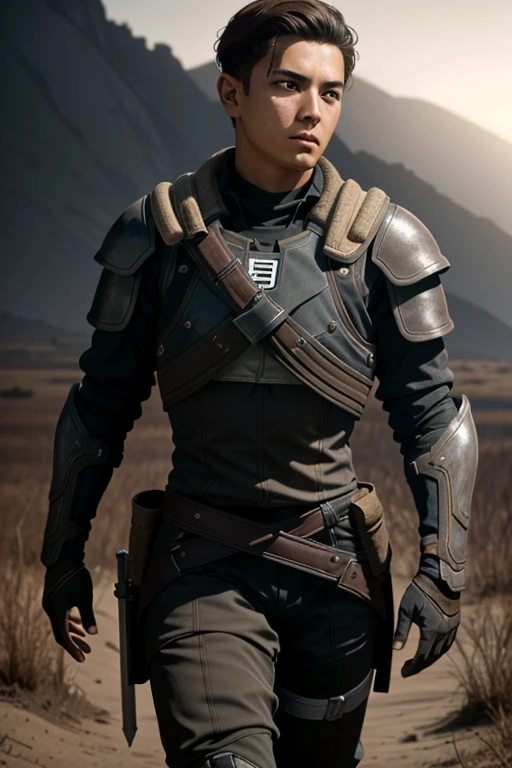 ReyesMEA, 1 young boy, standing alone, male focus, armors, chestnut hair, black backdrop, realisitic, simple background, gazing at viewer, eyes browns, trunk, shoulder armors, walking sticks, cloused mouth
,work of art, best qualityer, cinematic lighting,