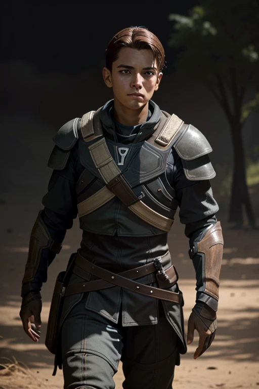 ReyesMEA, ung boy, standing alone, male focus, armors, chestnut hair, black backdrop, realisitic, simple background, gazing at viewer, eyes browns, trunk, shoulder armors, walking sticks, cloused mouth
,work of art, best qualityer, cinematic lighting,