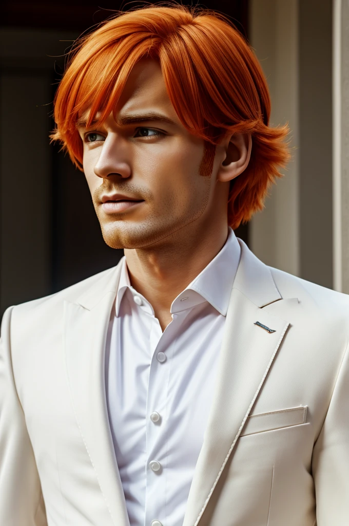 Man, orange hair, white suit, cartoon, 4k picture