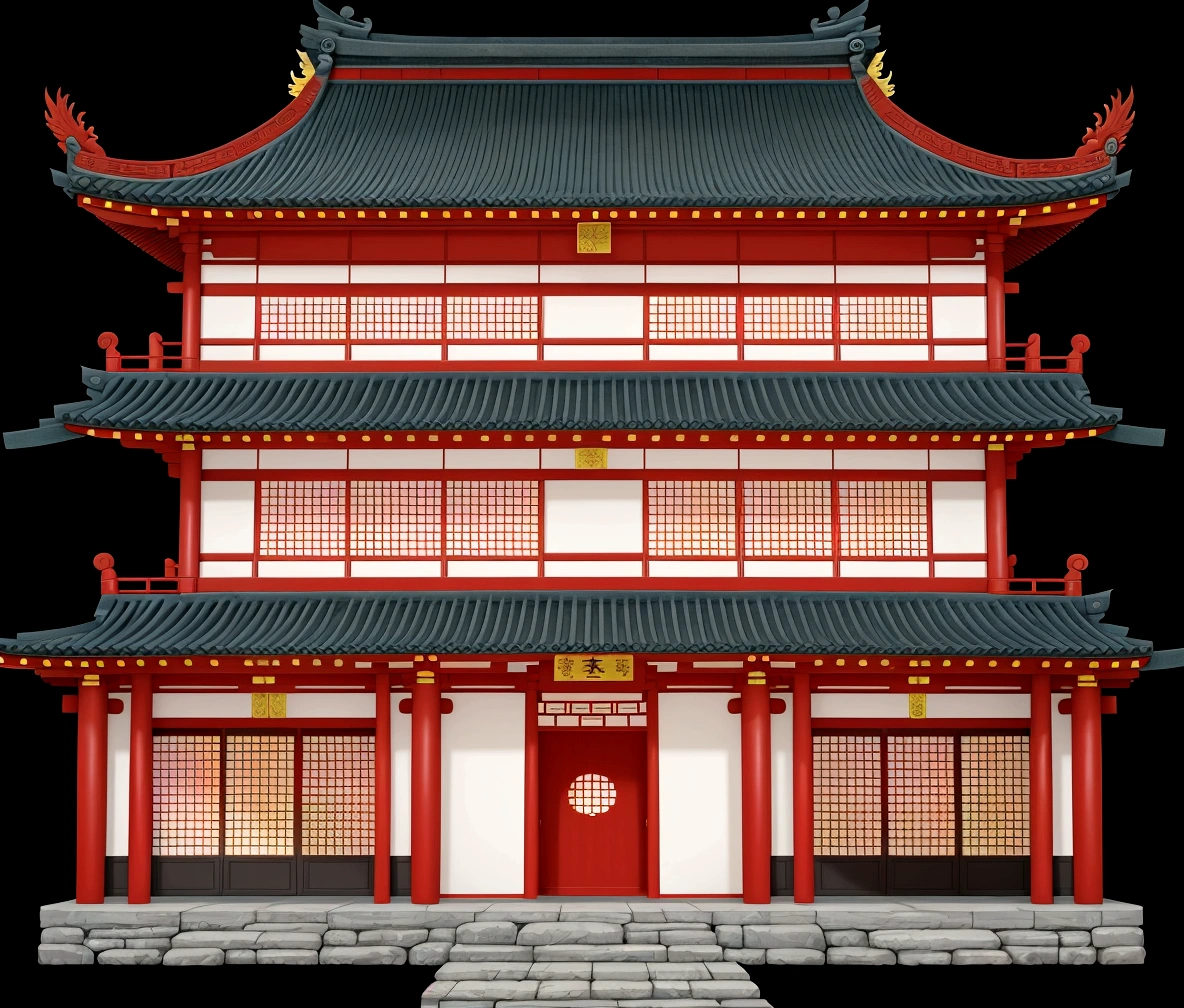 a cartoon illustration of a chinese building with a red door, an extremely detailed building, chinese building, japanese temple, japanese house, european japanese buildings, digital painting of a pagoda, zen temple background, ancient japanese architecture, temple background, japanese architecture, background depicting a temple, inspired by Tōshi Yoshida, inspired by Shūbun Tenshō, japanese temples