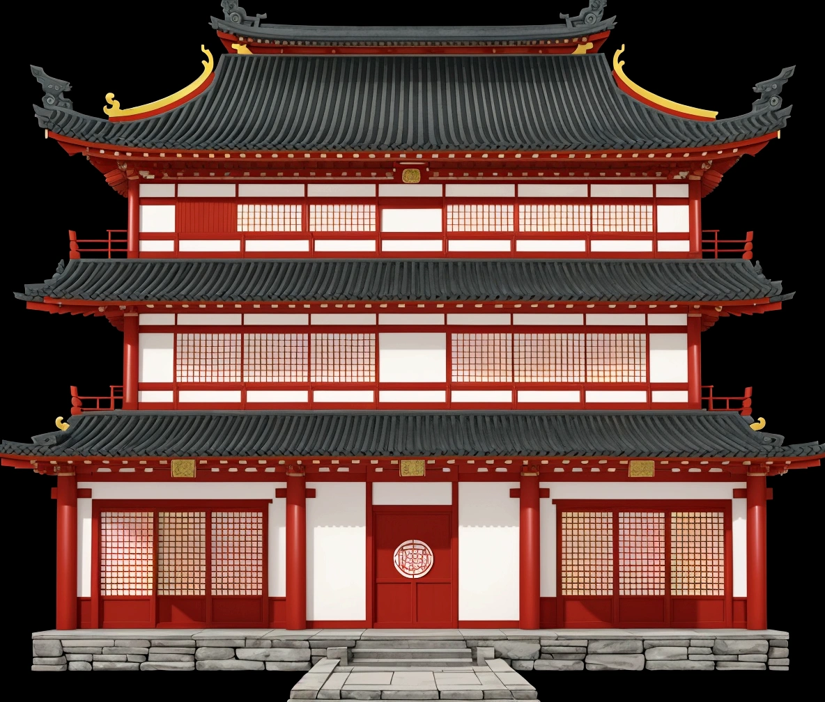 a cartoon illustration of a chinese building with a red door, an extremely detailed building, chinese building, japanese temple, japanese house, european japanese buildings, digital painting of a pagoda, zen temple background, ancient japanese architecture, temple background, japanese architecture, background depicting a temple, inspired by Tōshi Yoshida, inspired by Shūbun Tenshō, japanese temples