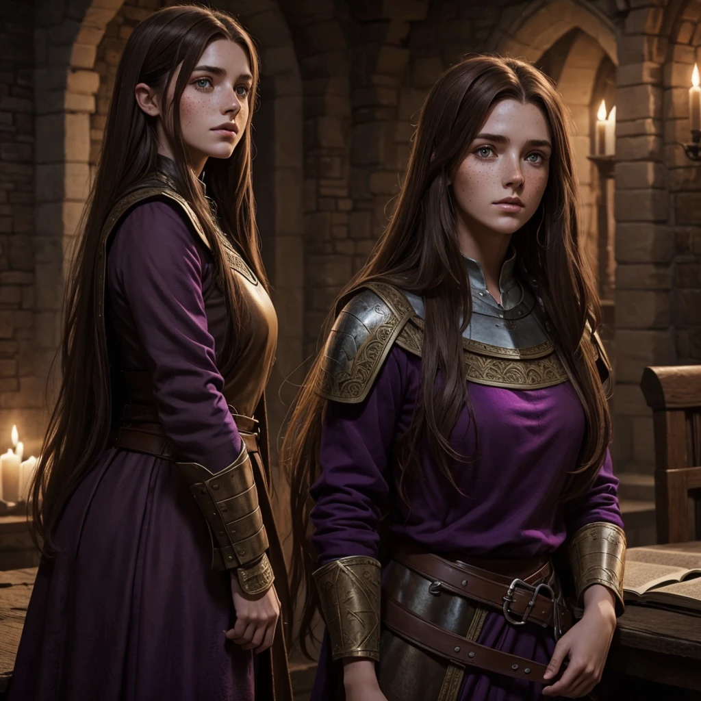 brown long hair. freckles. purple clothes. d&d. female. beautiful. medieval. fantasy. dark ambiance.