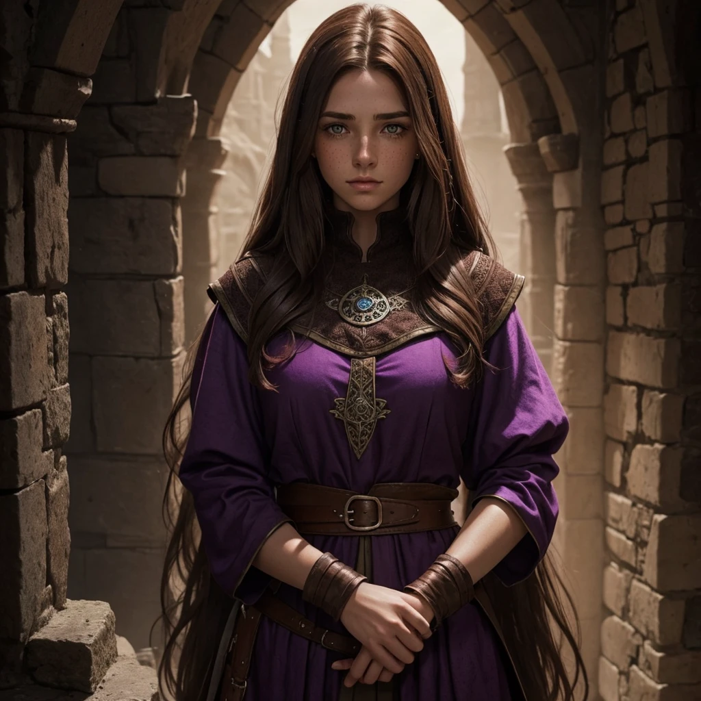 brown long hair. freckles. purple clothes. d&d. female. beautiful. medieval. fantasy. dark ambiance.
