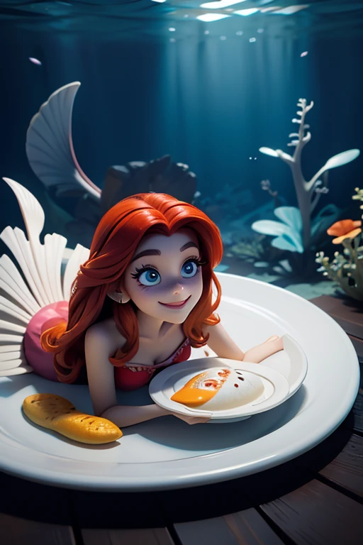 In the dark, Disney Ariel in her hideout under water, with amischief smile, focus on big eyes, skeleton of flounder lying on a plate